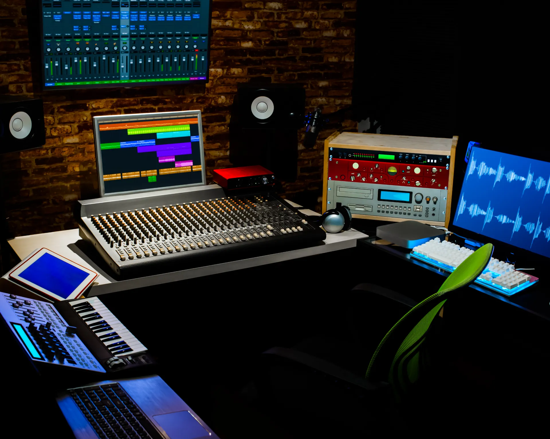 A desk with two laptops and a keyboard